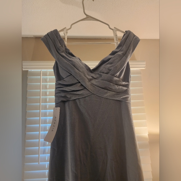 Azazie Evita Dusty Blue A-Line Off the Shoulder Stretch Crepe Dress - Picture 5 of 7